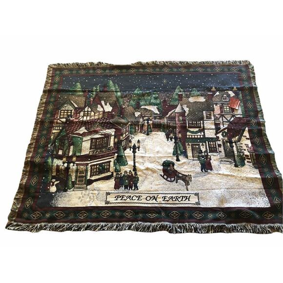 Peace On Earth Christmas Tapestry Throw Blanket NEW Victorian Village Cotton 74" - Picture 1 of 12